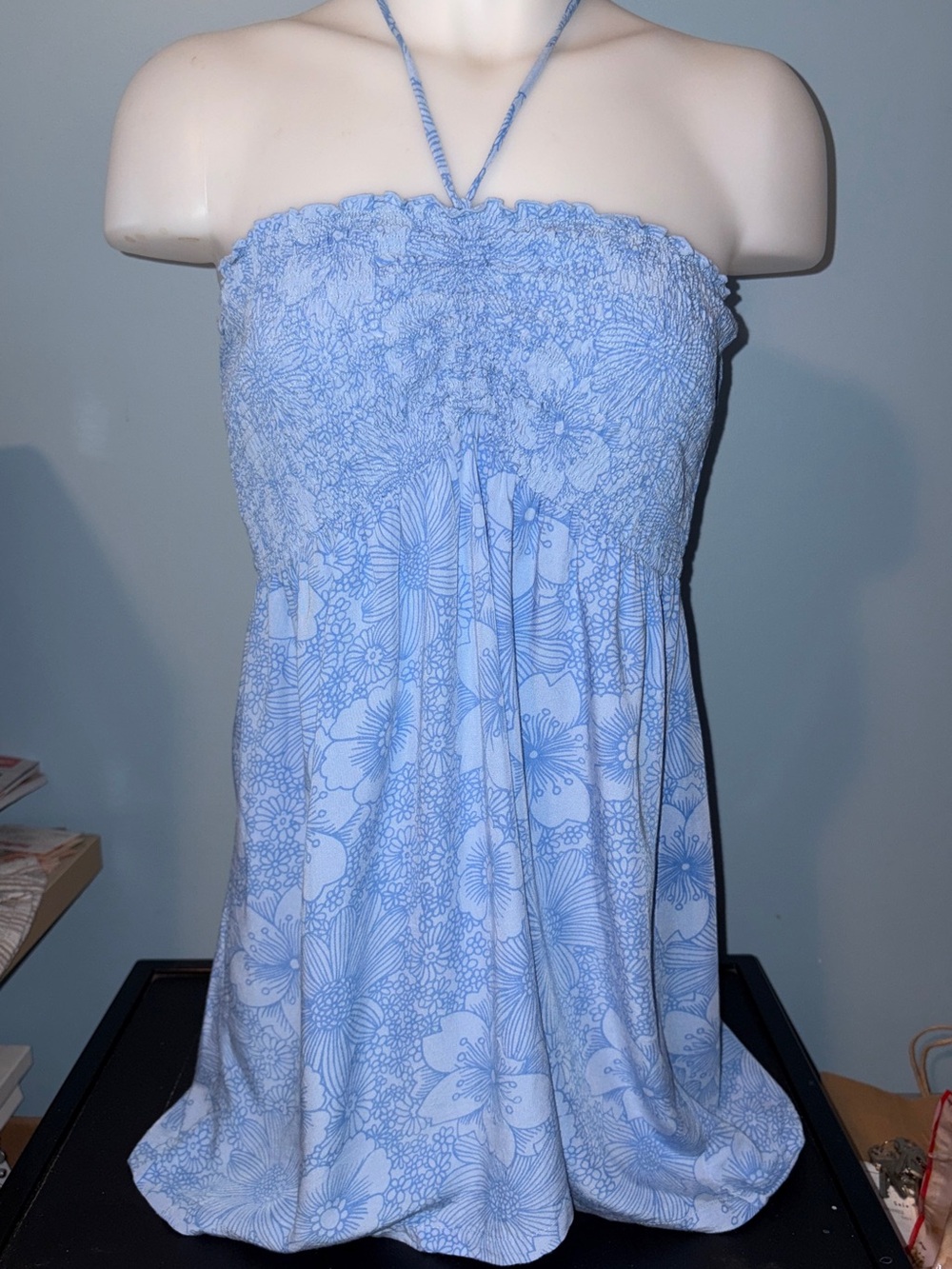 Blue Ginger Smocked Halter Tunic Top; Blue Floral; Hawaiian Designed